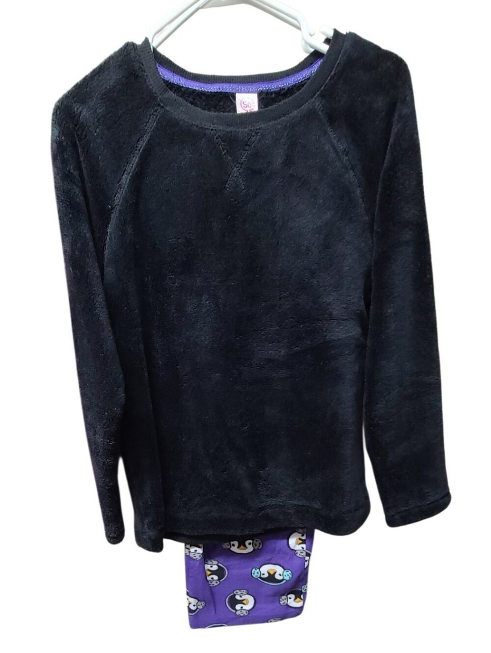 SO Intimates Women’s Plush Fleece Pajama Set Black Purple Penguin Size L